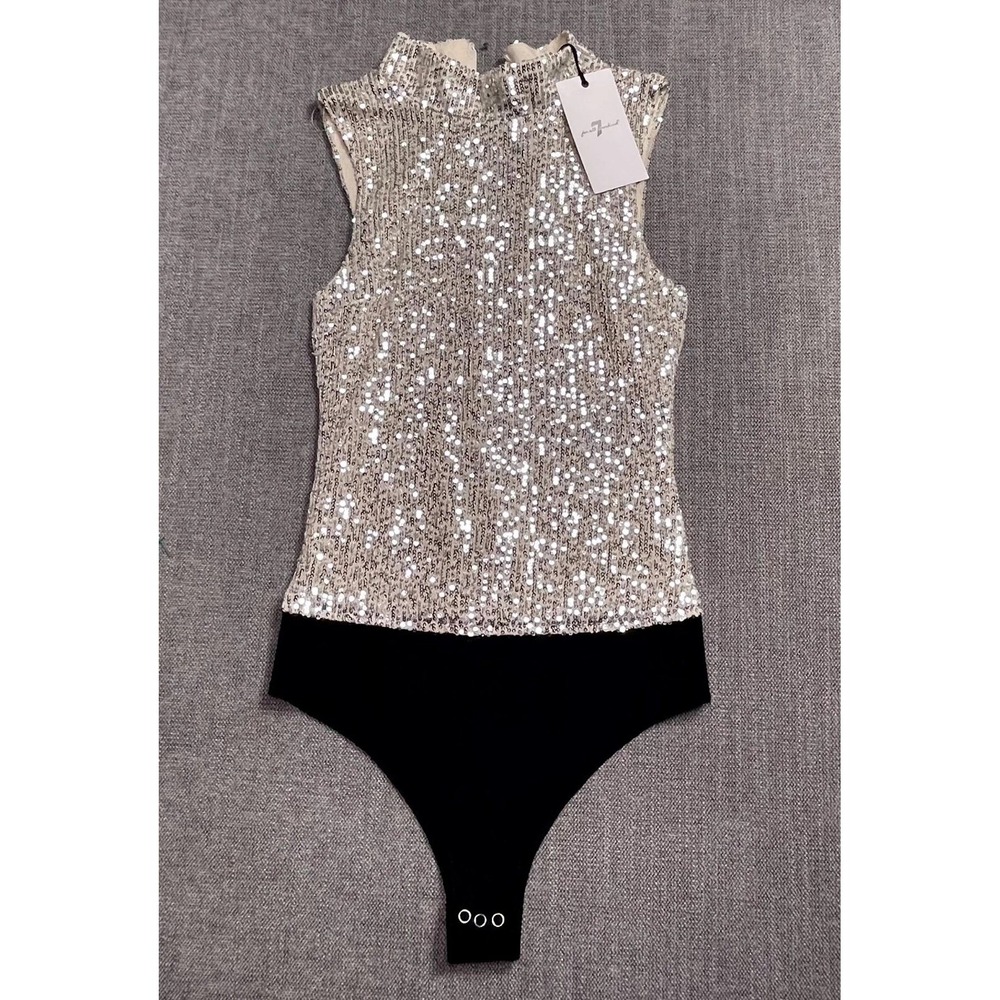 7 For All Mankind Sequin Bodysuit Womens XS Silver Black Mock Neck Sleeveless